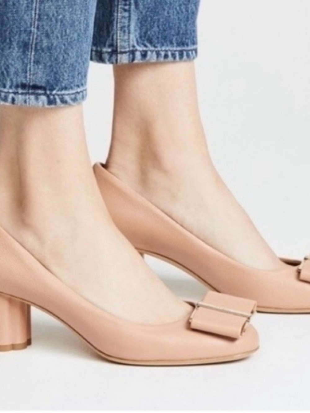 Salvatore Ferragamo Capua Nude Block Heel Pumps with Bow Size 7